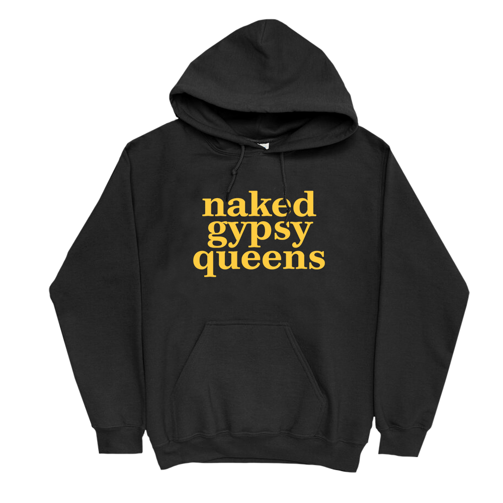 Black hoodie yellow online writing